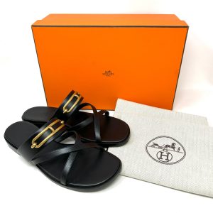 Hermes Black Leather Aged Gold Buckle Sandals