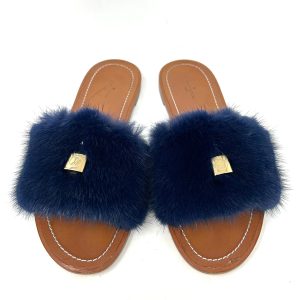 Louis Vuitton Brown Leather Dark Blue Mink Fur Slides