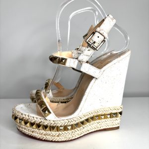 Christian Louboutin Cataclou White/Light Gold Wedge Sandals 38 UK5