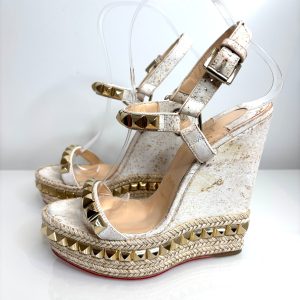 Christian Louboutin Cataclou White/Light Gold Wedge Sandals 36 UK3