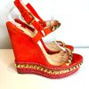 Christian Louboutin Cataclou Suede Orange Gold Studded Wedge Sandals 40 UK7