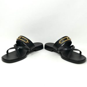 Hermes Black Leather Aged Gold Buckle Sandals