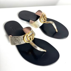 Gucci Marmont GG Gold Leather Thong Sandals 36.5 UK3.5