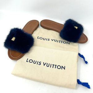 Louis Vuitton Brown Leather Dark Blue Mink Fur Slides
