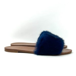 Louis Vuitton Brown Leather Dark Blue Mink Fur Slides