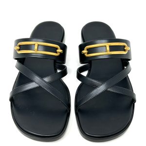 Hermes Black Leather Aged Gold Buckle Sandals