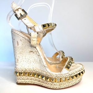 Christian Louboutin Cataclou White/Gold Studded Espadrille Wedge Sandals 35 UK2