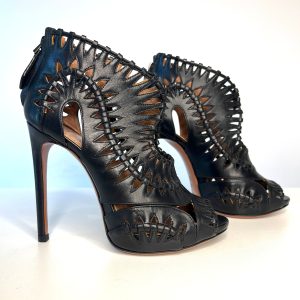 Alaia Black Leather Laser-Cut Peep-Toe Heels 35 UK2 - Preloved