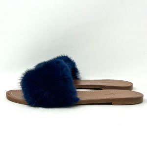 Louis Vuitton Brown Leather Dark Blue Mink Fur Slides