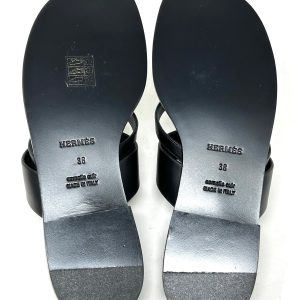 Hermes Black Leather Aged Gold Buckle Sandals