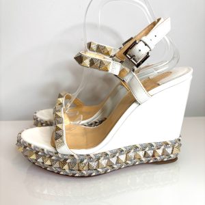 Christian Louboutin Pyraclou 110 Latte White Wedge Sandals 39 UK6