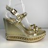 Pre-owned Christian Louboutin Pyraclou Espadrille Gold Leather Studded Wedge Sandals 39 UK6