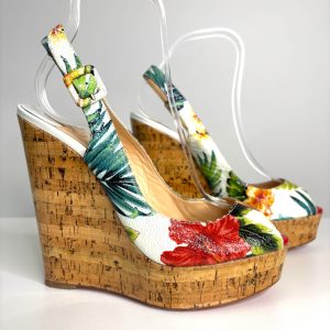 Christian Louboutin Hawaii Une Plume 140 Floral Slingback Wedge Sandals small fit 39.5 UK6.5 - Preloved