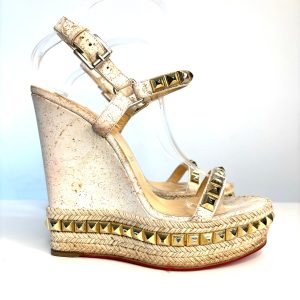 Christian Louboutin Cataclou White/Gold Studded Espadrille Wedge Sandals 39.5 UK6.5