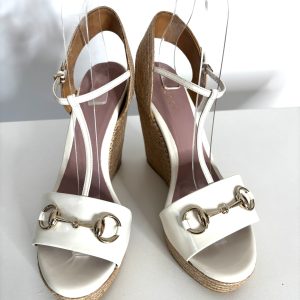 Gucci Horsebit White Patent Leather Wedge Sandals 40.5 UK7.5